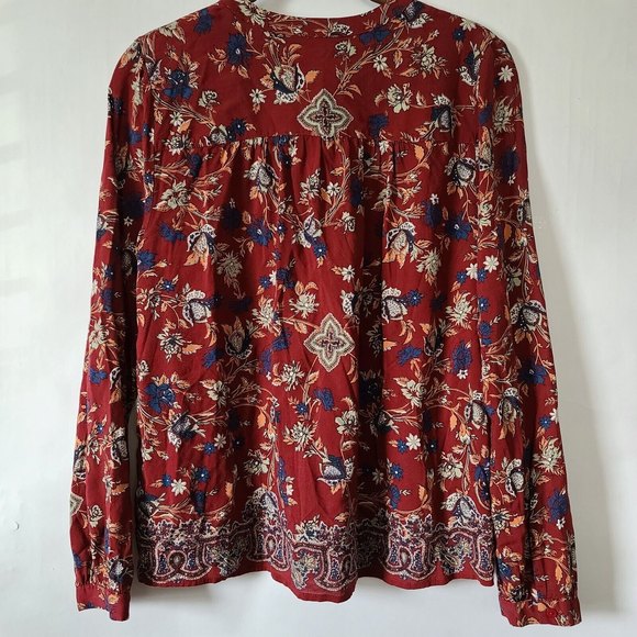LUCKY BRAND Live in Love Button Down Top Sz S Round Neck Red Floral Long Slv EUC - Picture 3 of 6